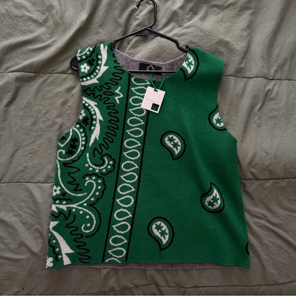 Lisa Le Strange Adult L Green Gray Paisley Sweater Vest SleevelessWool Cashmere